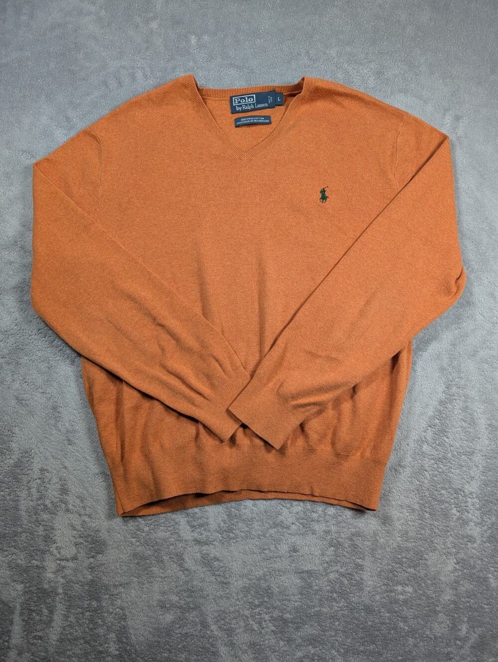 Polo Ralph Lauren Sweater Mens Large Orange V Neck Prima Cotton Golf Preppy